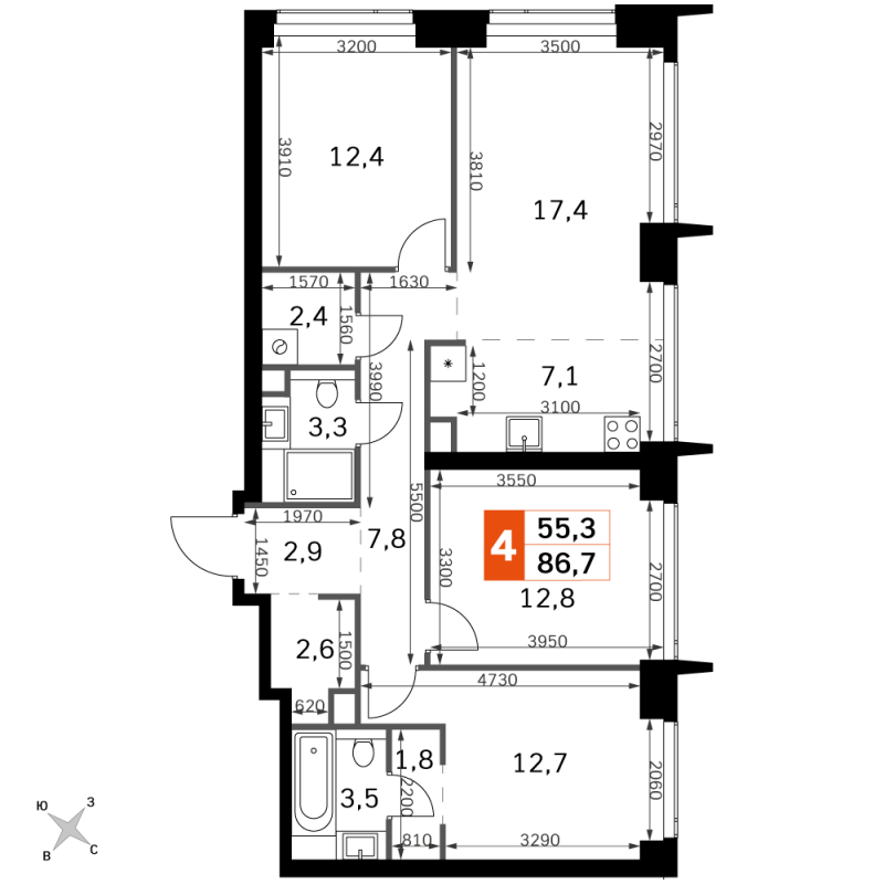 4 ккв (Евро) 86,7 м²