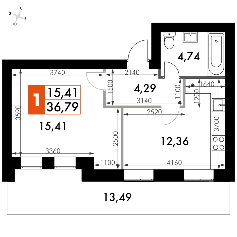 1 ккв 36,8 м²