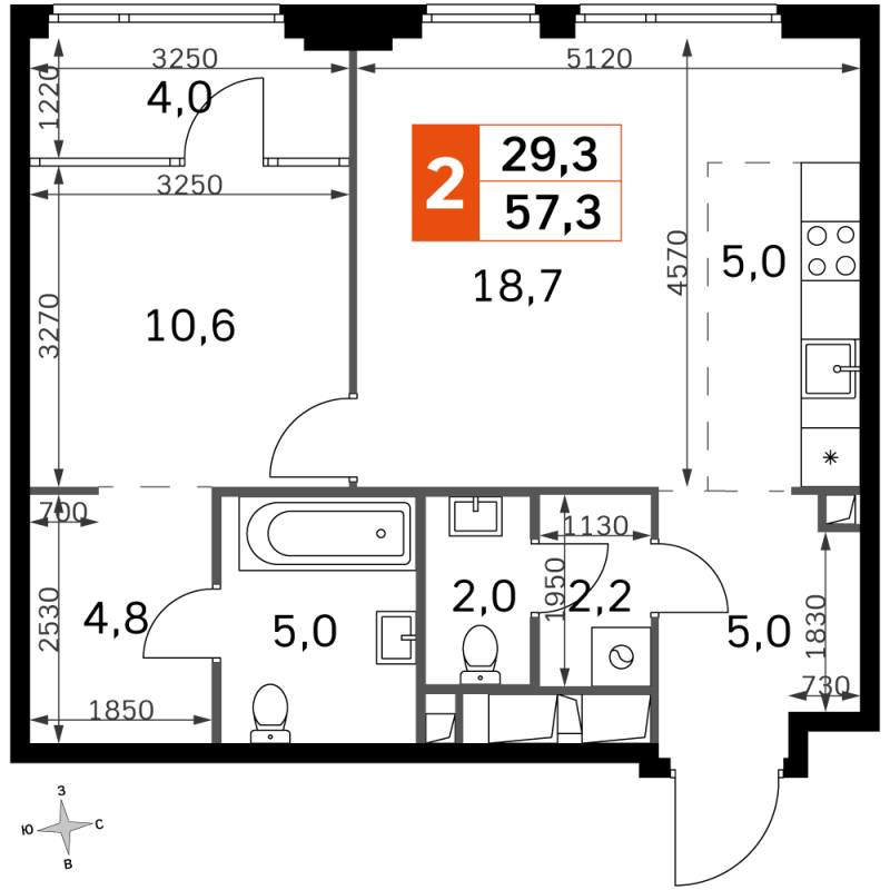 2 ккв (Евро) 57,3 м²
