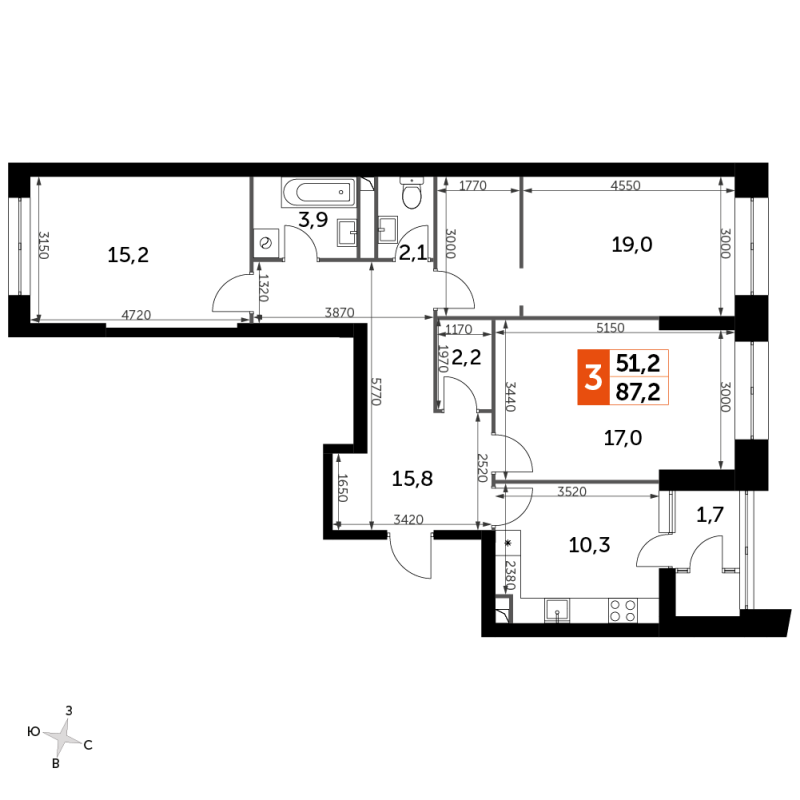 3 ккв 87,9 м²