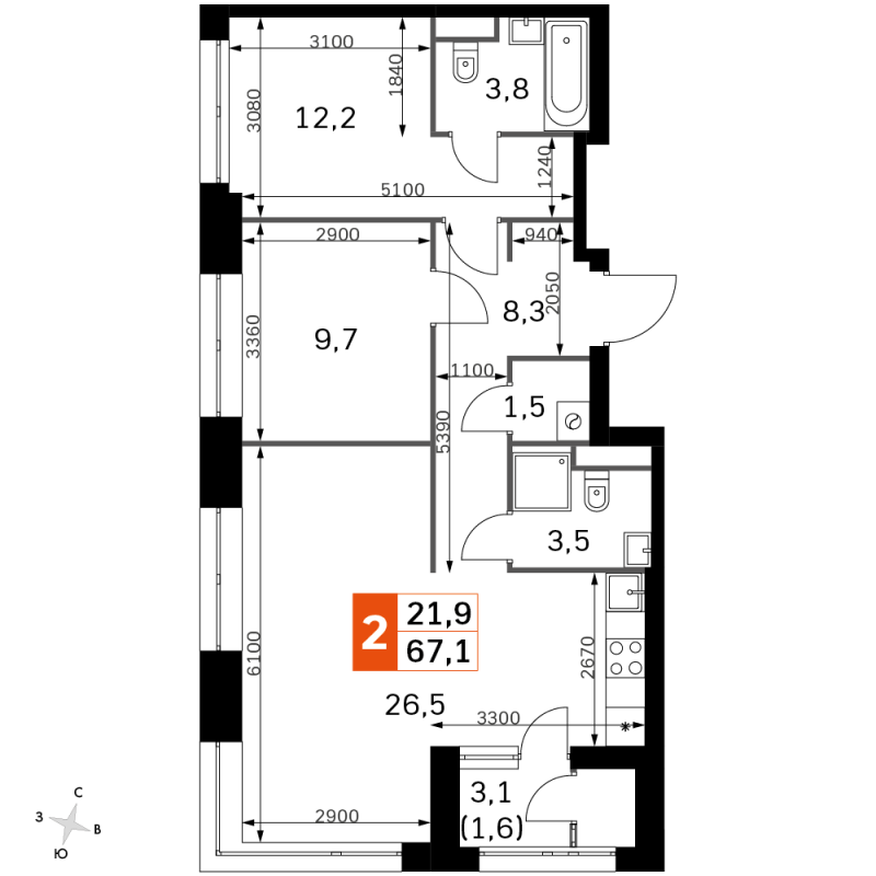 3 ккв (Евро) 66,8 м²