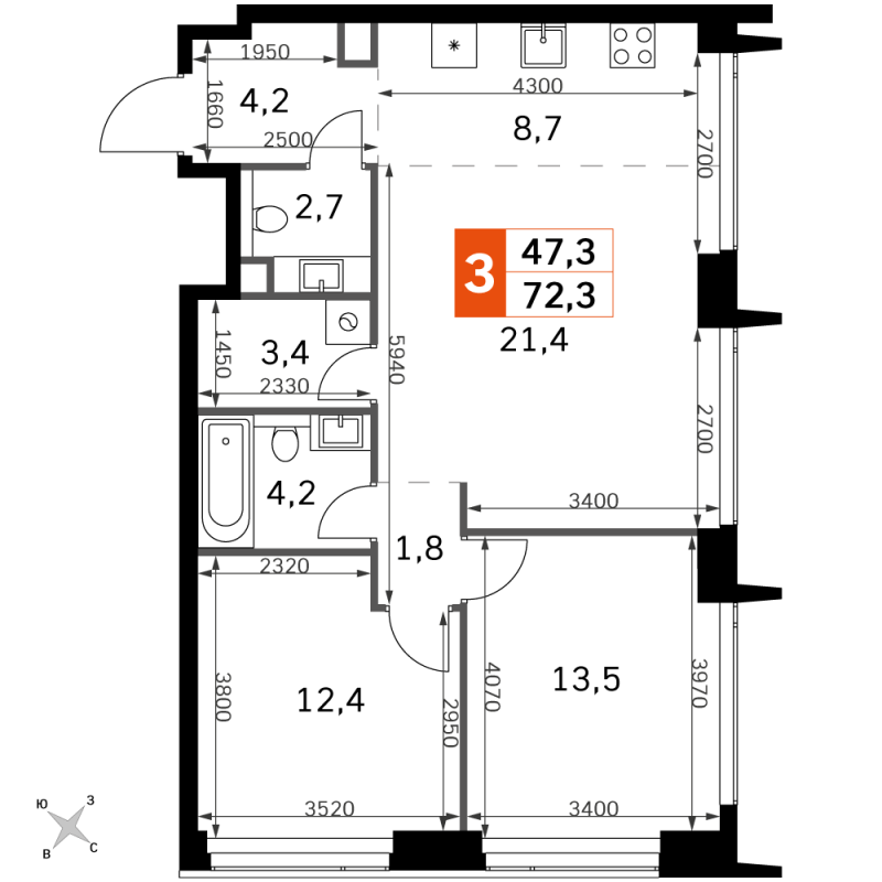 3 ккв (Евро) 72,3 м²