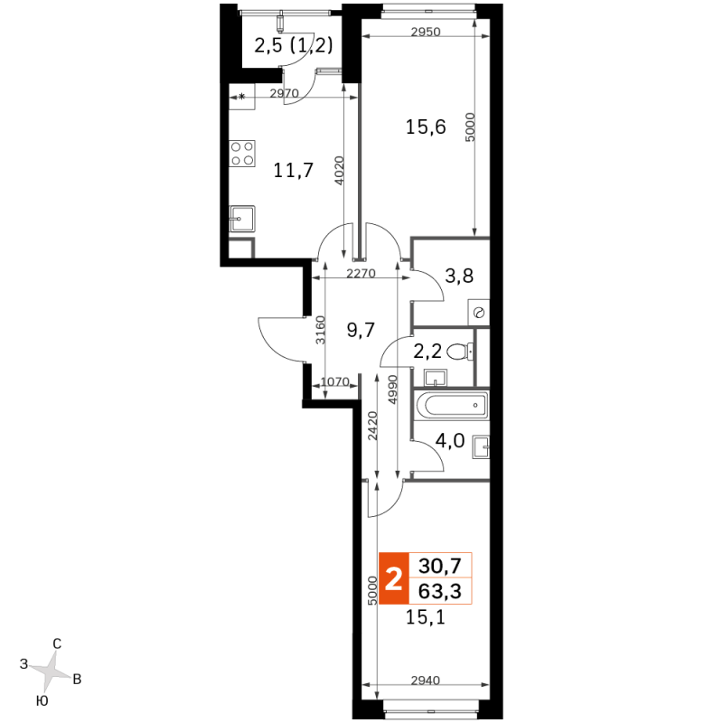 2 ккв 61,1 м²