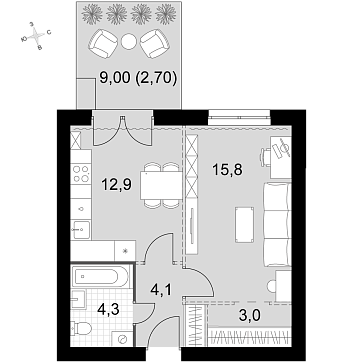 1 ккв 42,8 м²