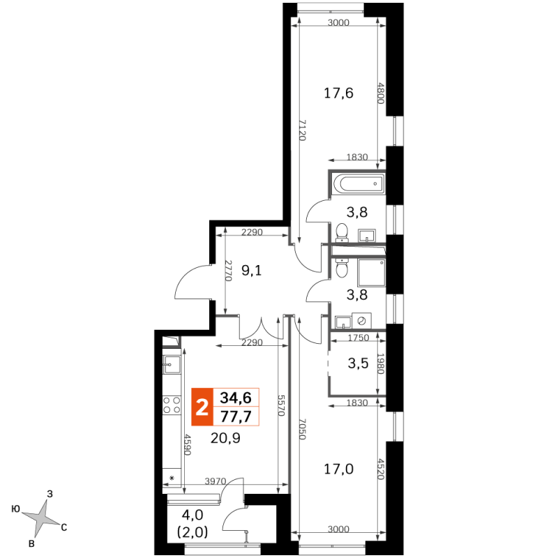 3 ккв (Евро) 77,7 м²
