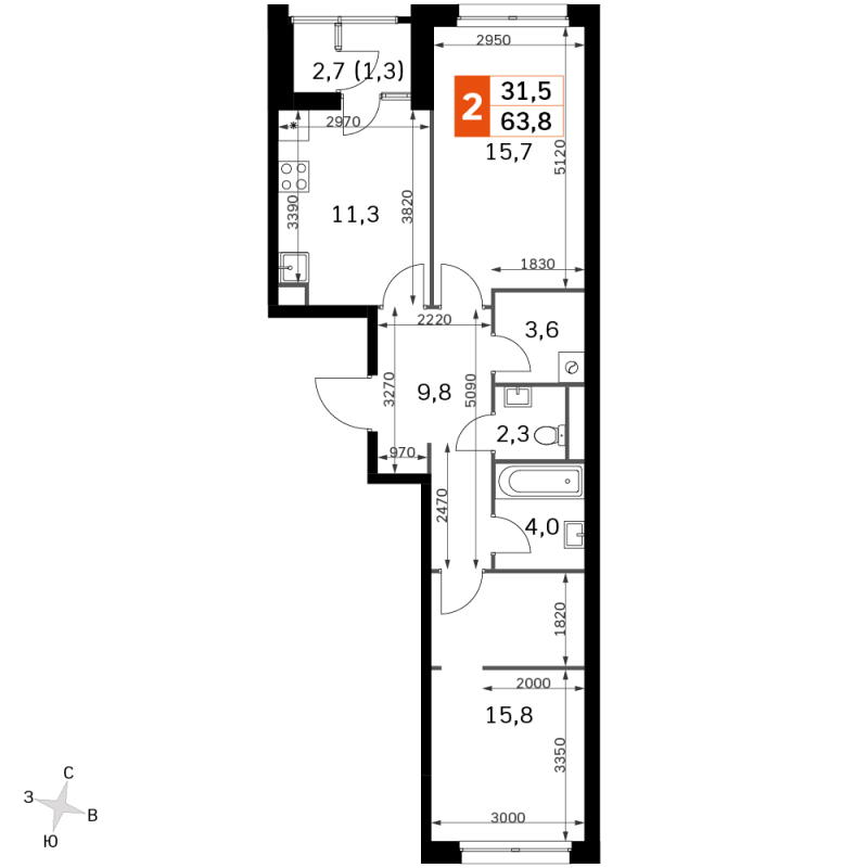 2 ккв 61,6 м²