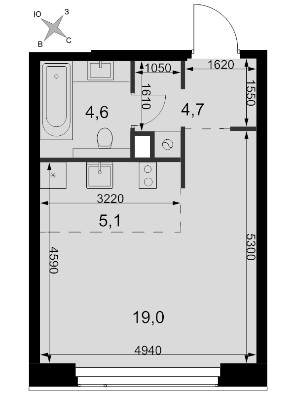 Студия 33,4 м²