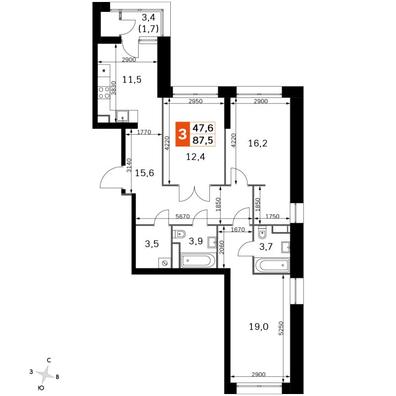 3 ккв 86,7 м²