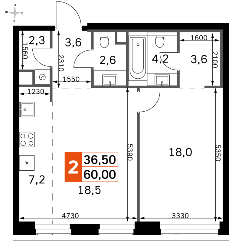 2 ккв (Евро) 60 м²