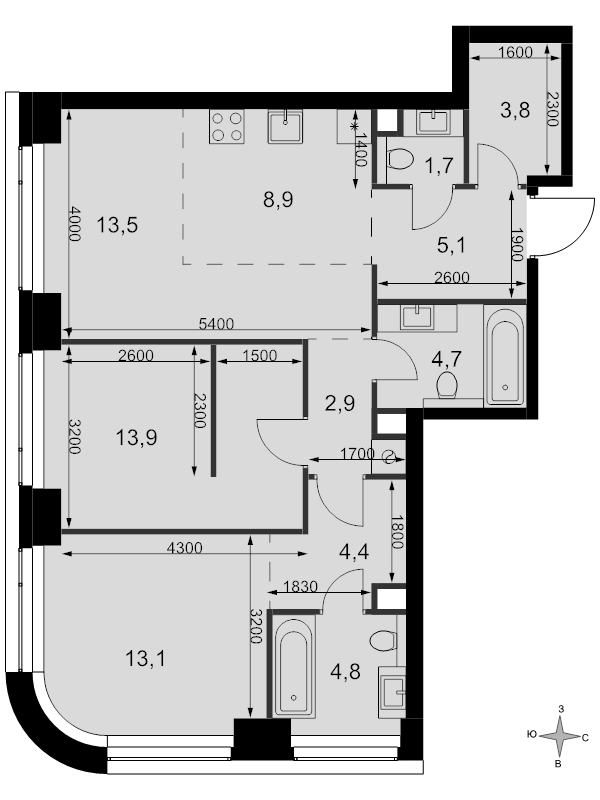3 ккв (Евро) 76,8 м²