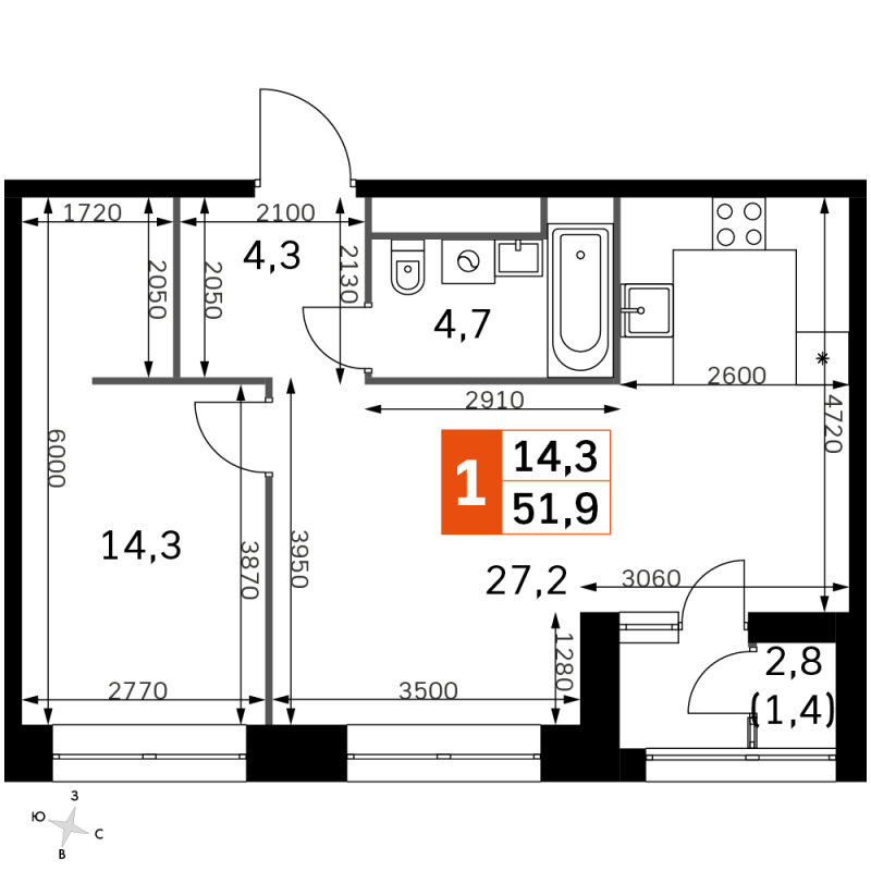 2 ккв (Евро) 51,6 м²