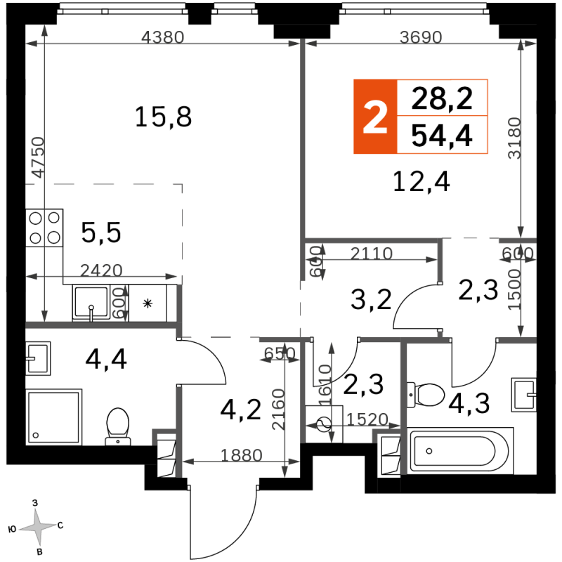 2 ккв (Евро) 54,4 м²