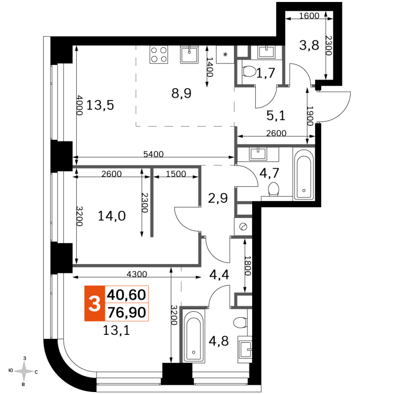3 ккв (Евро) 76,8 м²