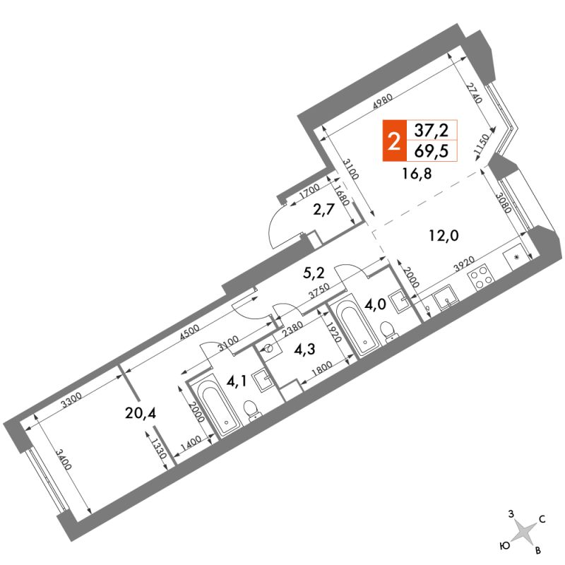 2 ккв (Евро) 69,5 м²