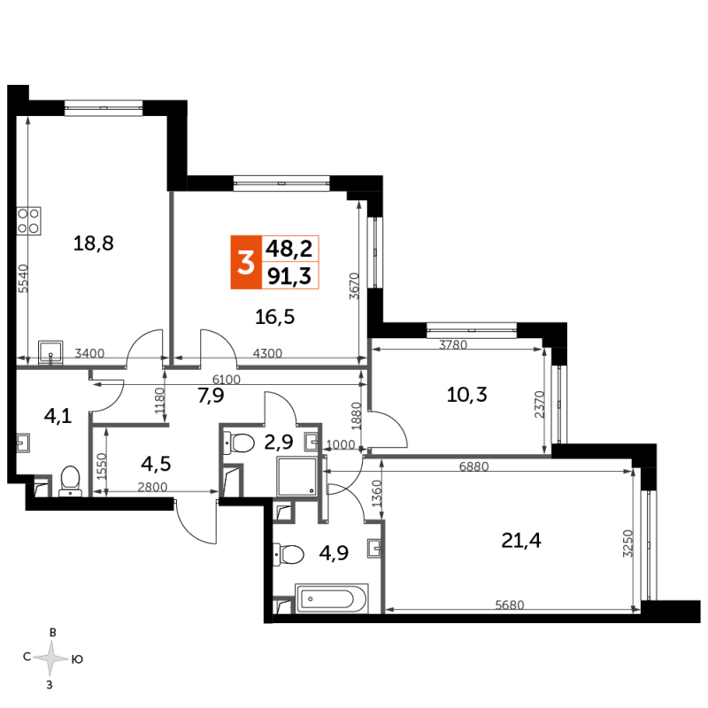 4 ккв (Евро) 91,2 м²
