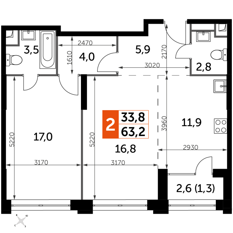 2 ккв (Евро) 63,2 м²