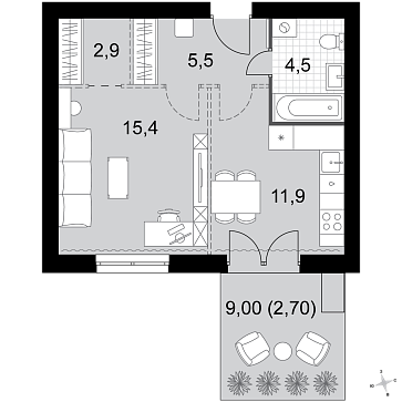 1 ккв 42,9 м²