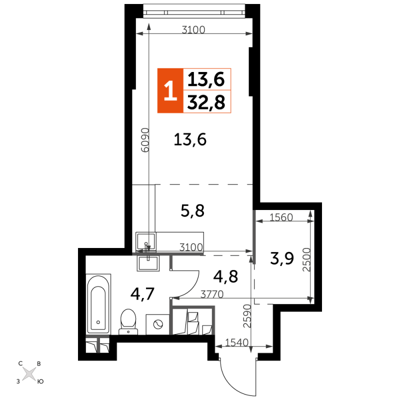 Студия 32,8 м²