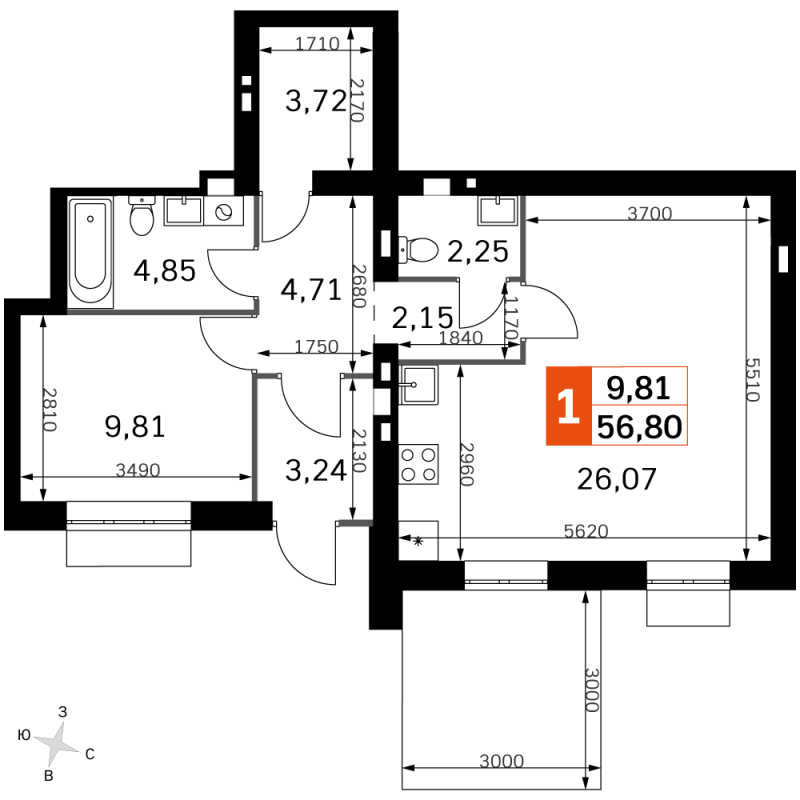 2 ккв (Евро) 56,8 м²
