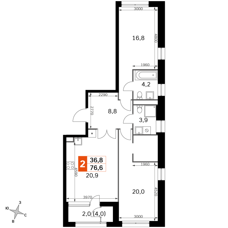 3 ккв (Евро) 76,7 м²