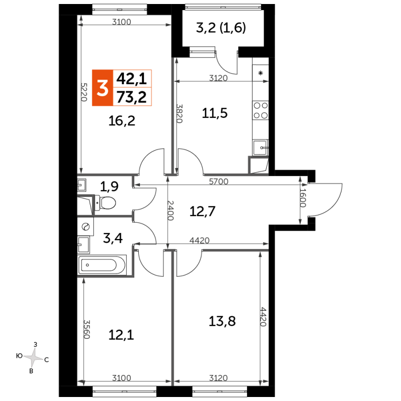 3 ккв 73,2 м²