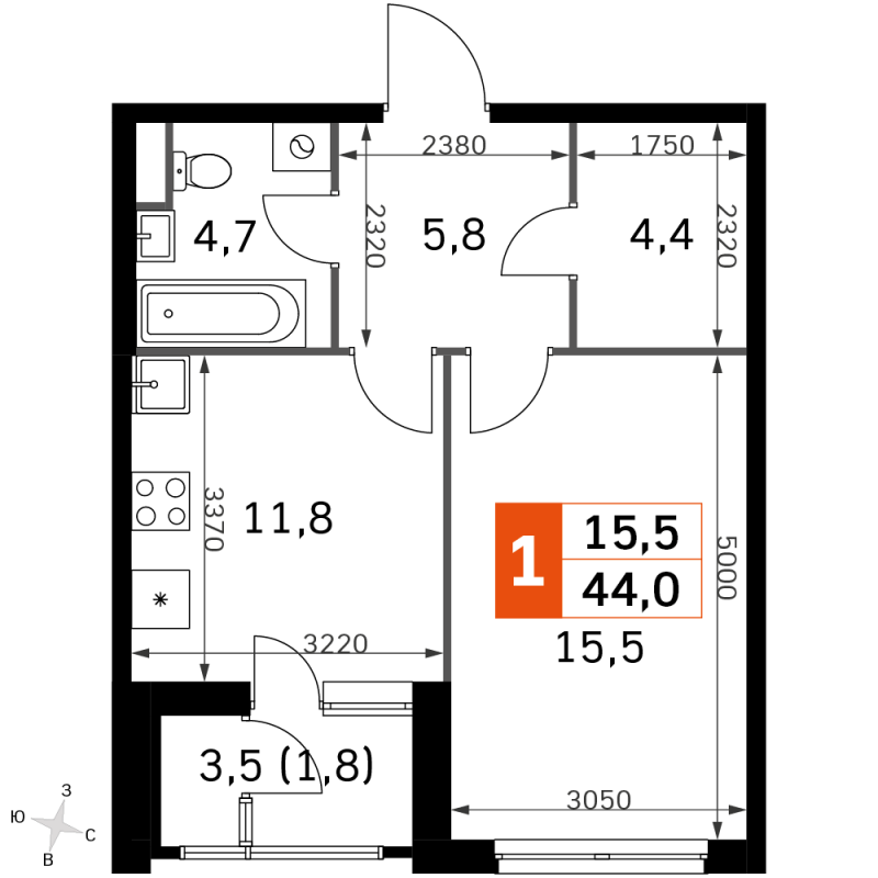 1 ккв 41,7 м²