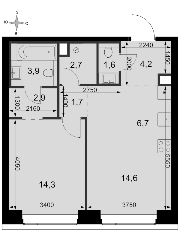 2 ккв (Евро) 52,6 м²