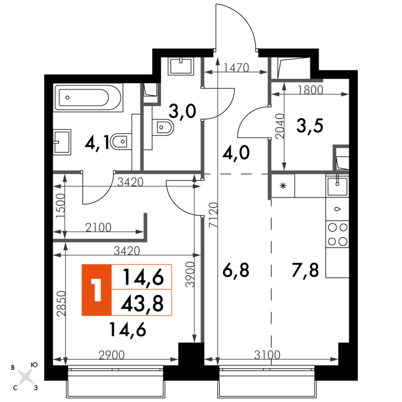 1 ккв 43,8 м²