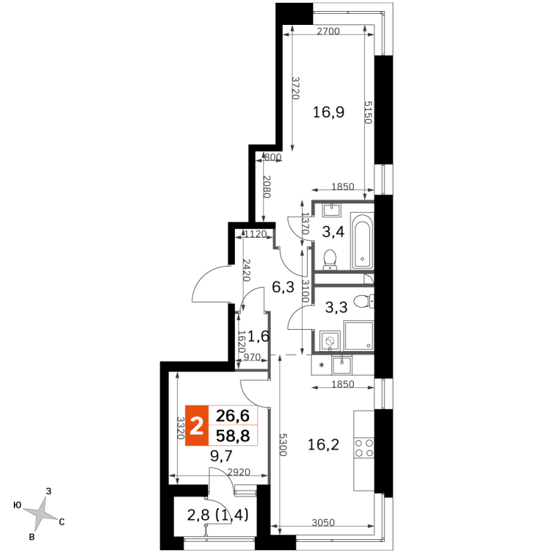 3 ккв (Евро) 58,8 м²