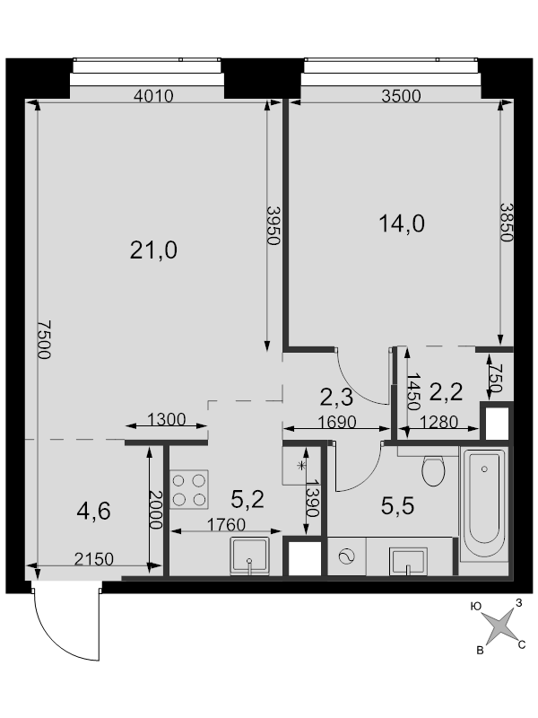 2 ккв (Евро) 54,8 м²