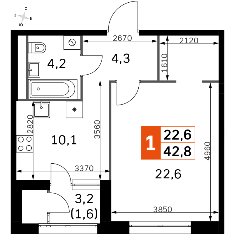 1 ккв 43,1 м²
