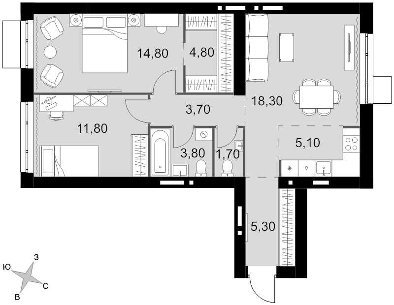 3 ккв (Евро) 69,3 м²