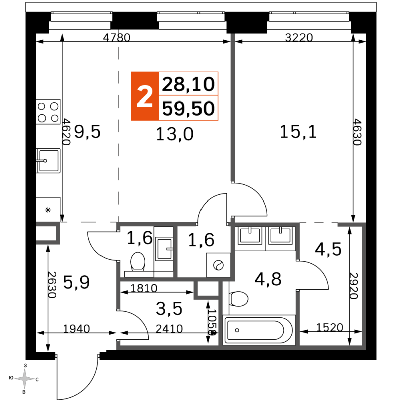 2 ккв (Евро) 59,5 м²