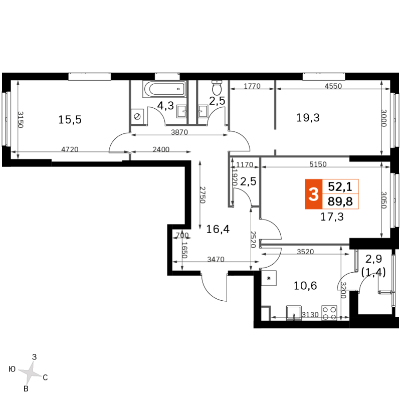 3 ккв 88,3 м²