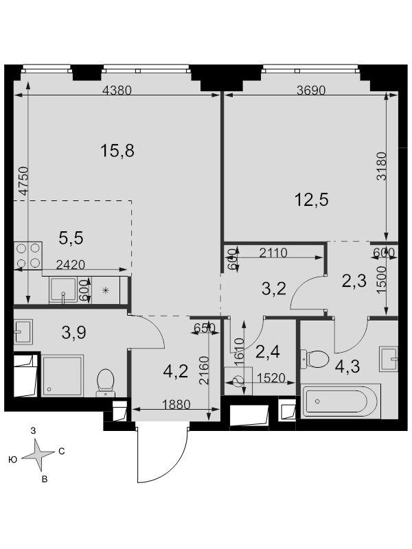 2 ккв (Евро) 54,1 м²