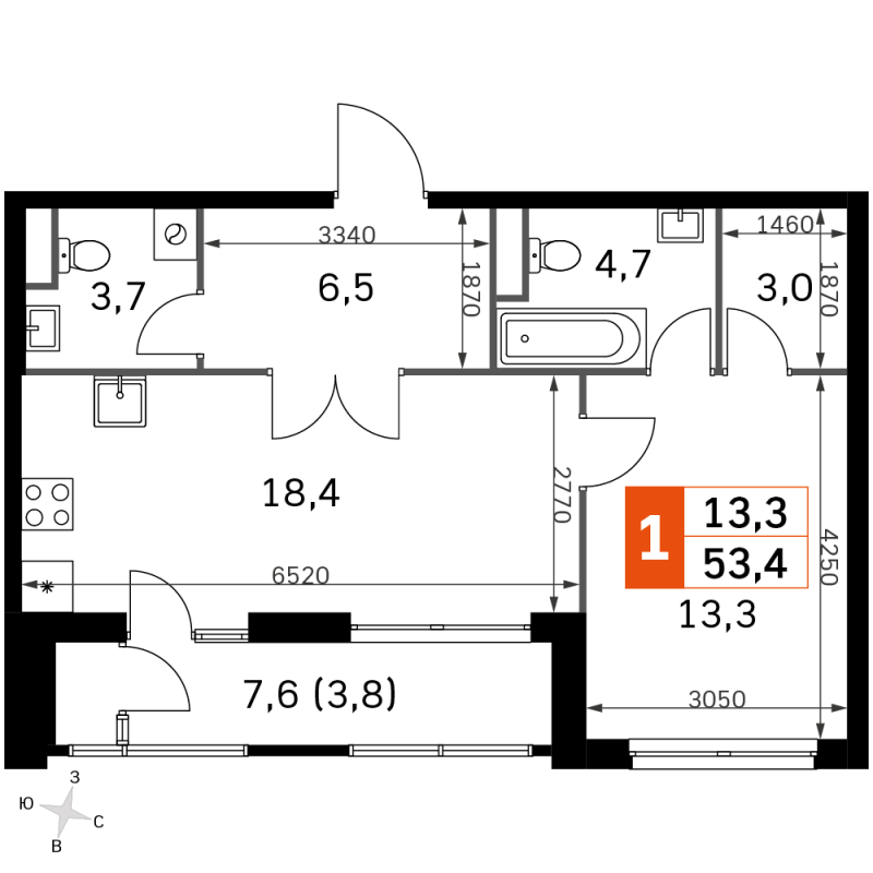 2 ккв (Евро) 51,4 м²