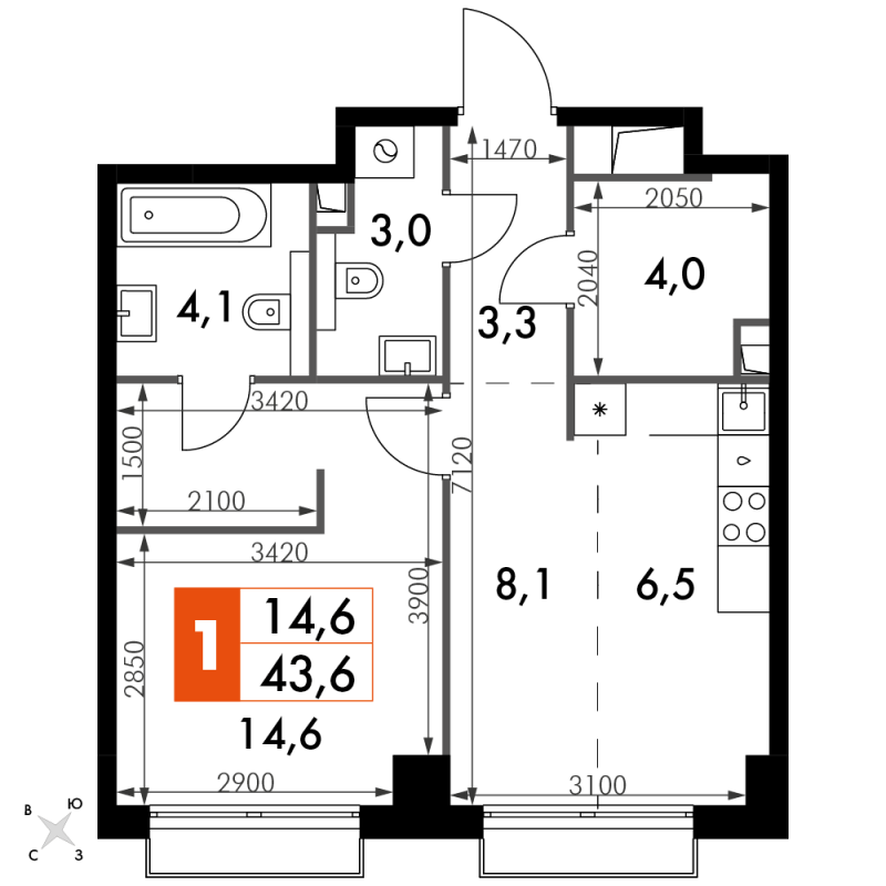 1 ккв 43,6 м²