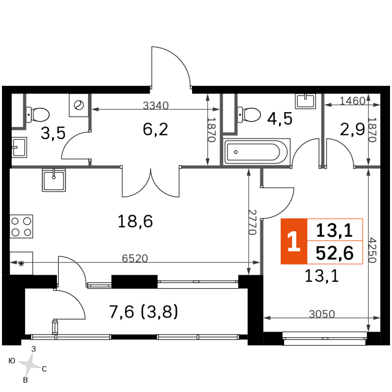 2 ккв (Евро) 51,4 м²