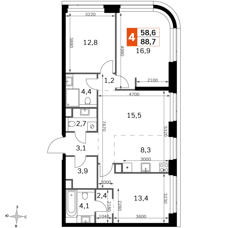 4 ккв (Евро) 88,7 м²