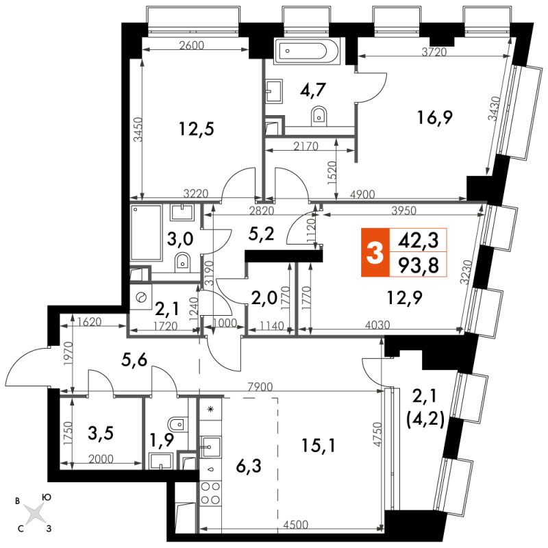 4 ккв (Евро) 93,8 м²