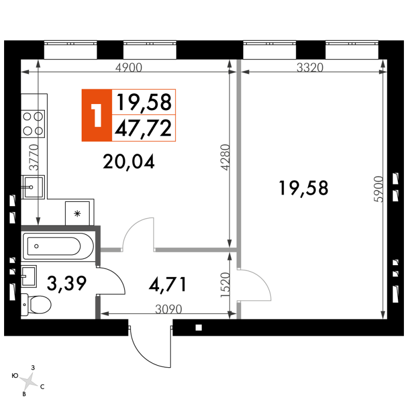 2 ккв (Евро) 47,7 м²