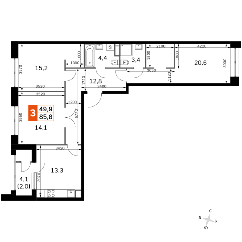 3 ккв 85,6 м²