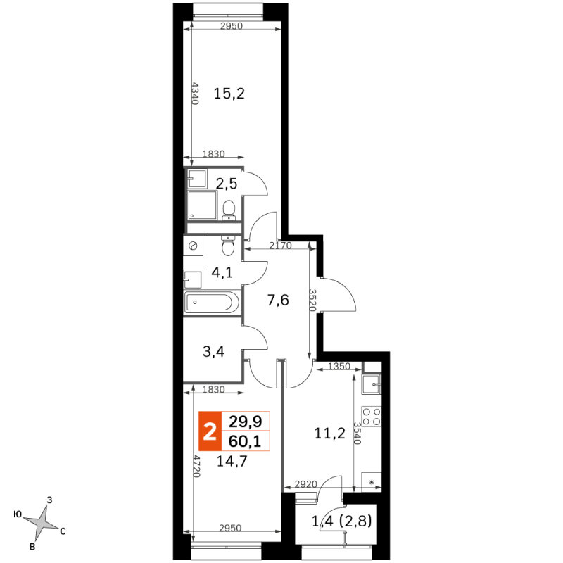2 ккв 59,9 м²