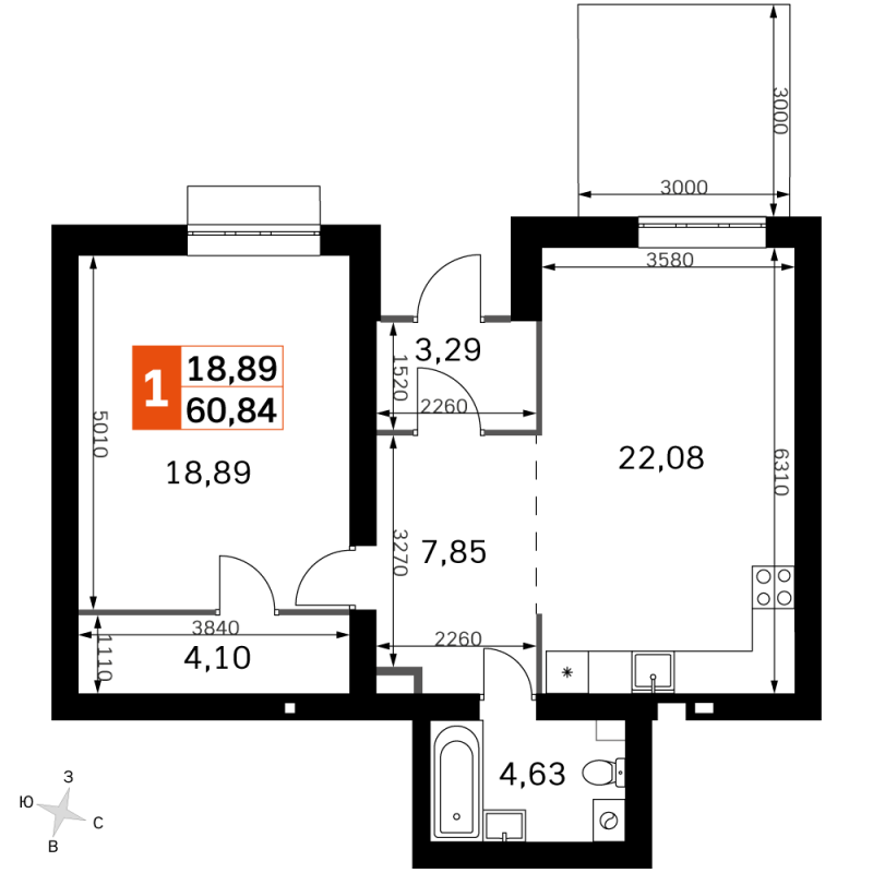 2 ккв (Евро) 60,8 м²