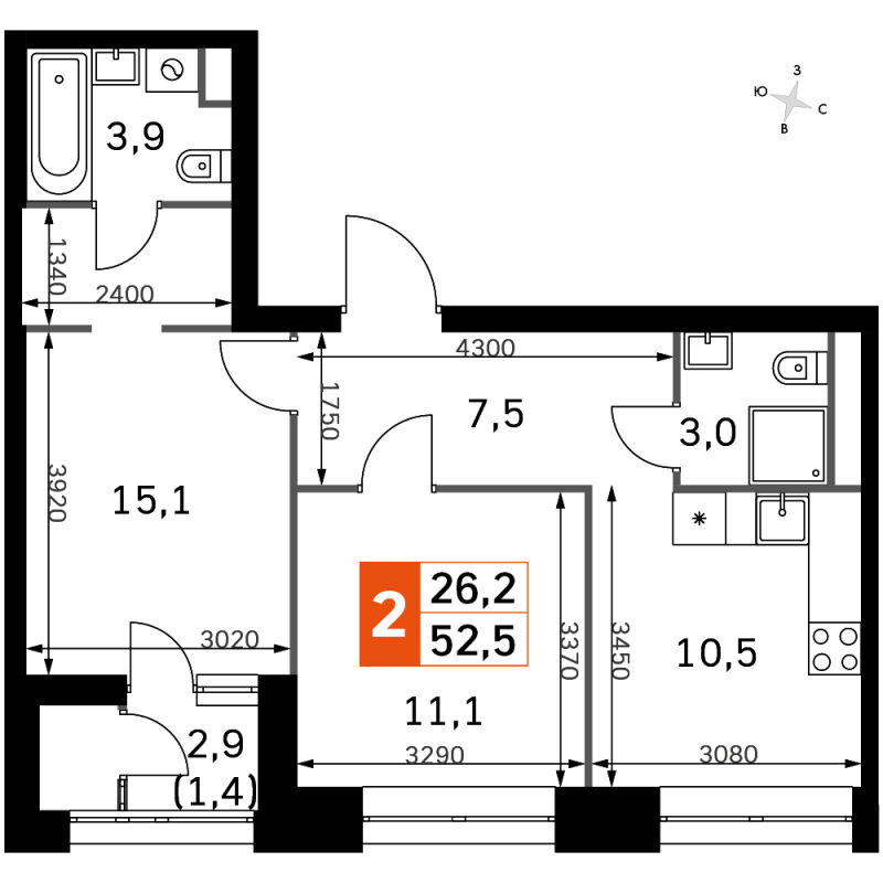 2 ккв 52,5 м²