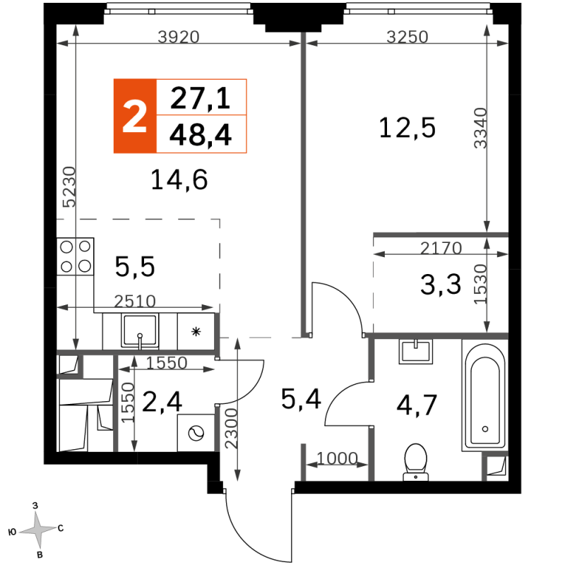 2 ккв (Евро) 48,4 м²