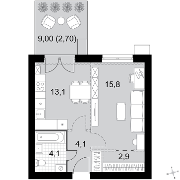 1 ккв 42,7 м²
