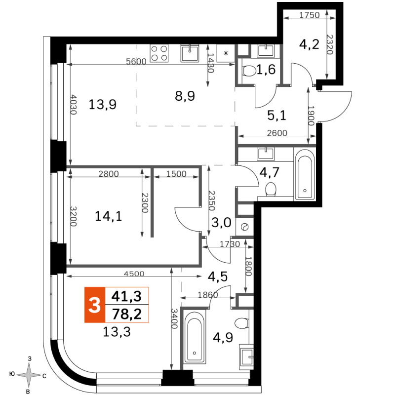 3 ккв (Евро) 78,2 м²