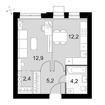 1 ккв 36,9 м²