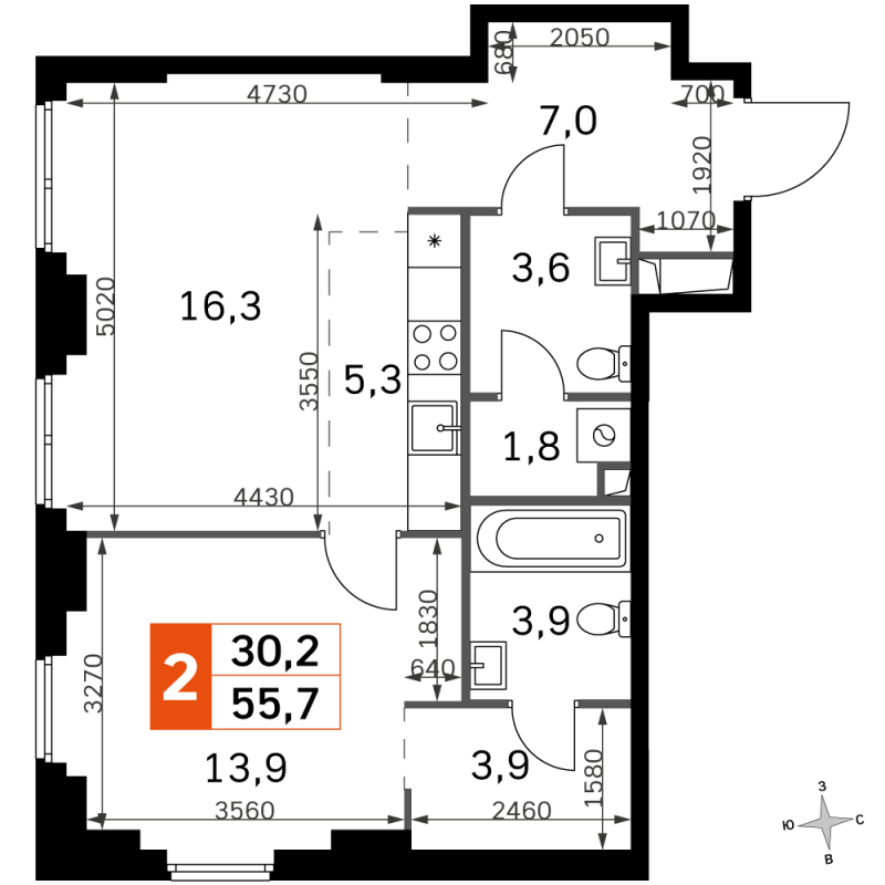 2 ккв (Евро) 55,7 м²